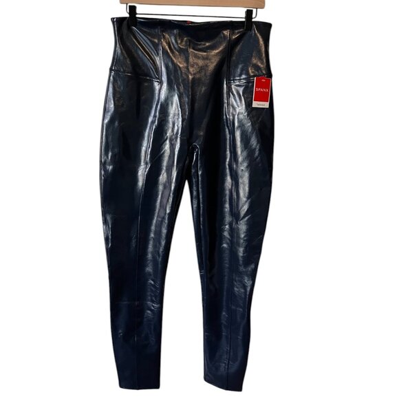 SPANX Port Navy Blue Faux Patent Leather Leggings, New with Tags